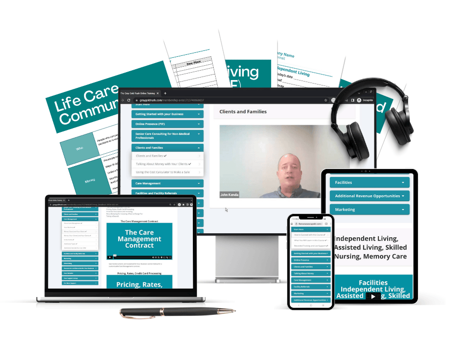 image of the course on a monitor, a laptop, a phone and a tablet, images of information sheets. headphones, pen