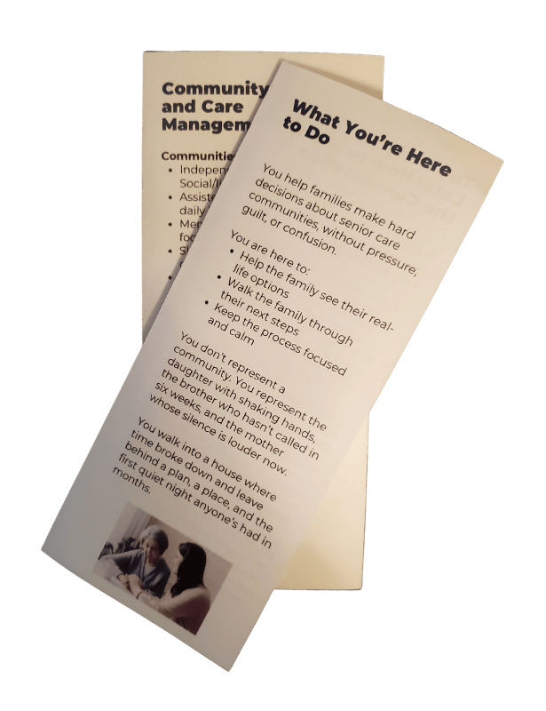 photo of a trifold reference. One side is titled What You're Here to Do and the other is titled Community [hidden] and Care Management